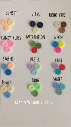 buttons are arranged in different colors and sizes on a white board with the words, candy floss watermelon, starfish, pastel, artel, crayon,