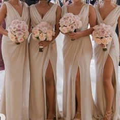 the bridesmaids are all dressed in different styles of gowns and bouquets