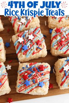 fourth of july rice krispie treats with red, white and blue sprinkles