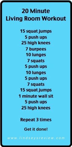 the 20 minute living room workout is shown in black and blue, with instructions on how to