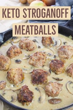 a skillet filled with meatballs and mushrooms