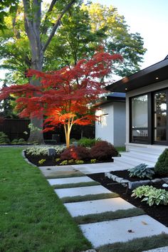 a garden with stepping stones leading to a tree and bushes in the foreground, surrounded by lush green grass