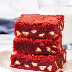 three red velvet brownies stacked on top of each other