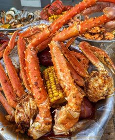 crab legs, corn on the cob and other seafood