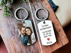 two keychains with an image of a couple on them