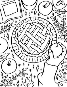 a coloring page with an apple pie surrounded by leaves, apples and other fruit items