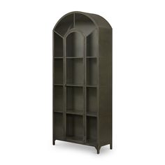 a tall bookcase with an arched door and shelves on the front, in dark grey