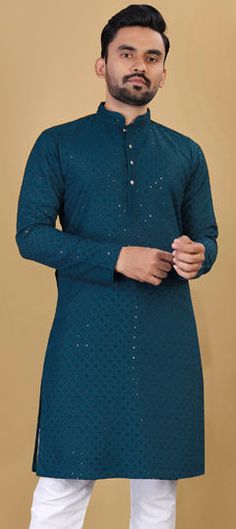 Blue color Kurta in Cotton fabric with Embroidered, Sequence, Thread work Blue Cotton Kurta With Mirror Work, Engagement Reception, Reception Lehenga, Thread Work, Salwar Kameez, Jaipur, Party Wear, Lehenga, Black And Grey