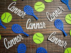 Are you ready to serve up a perfect tennis themed party?  Make your guest of honor feel extra special with this personalized confetti! This listing is for 100 pieces of confetti! It includes 25 pieces of white names, 40 pieces of tennis balls and 35 rackets. The rackets measure approximately 1.75 inches in length and the tennis balls measure approximately 1 inch in diameter. The rackets and names are available in different colors! Simply choose the color you would like from the drop down menu. If you would like a color that you do not see listed just message me for a custom listing! Thank you for visiting my shop! Tennis Themed Party, Personalized Confetti, Tennis Party, White Names, Party Confetti, 30th Bday, Confetti Party, Tennis Balls, 30th Birthday