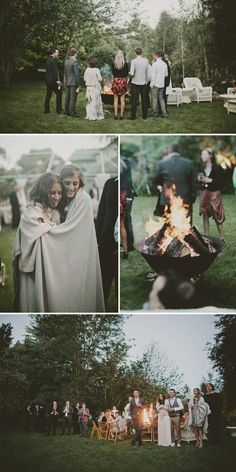 a collage of photos showing people standing around a fire pit