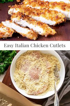 chicken cutlets in a bowl with parmesan cheese and parsley on the side