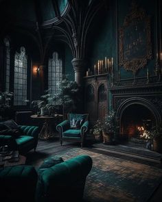 a living room filled with furniture and a fire place in the middle of an old building