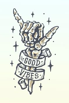 a drawing of a hand with the words good vibes on it and stars in the background