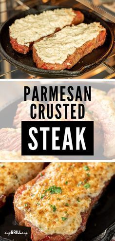 parmesan crusted steak in a cast iron skillet with text overlay