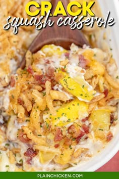 a casserole dish with bacon and cheese in a white bowl on a red table