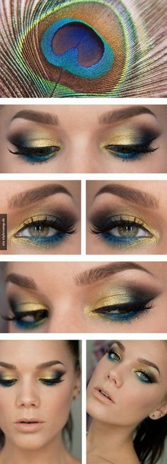 Dieses Make-Up ist wie eine Pfauenfeder! Wunderschön und man findet es nicht so oft! Hunger Games Makeup, Teknik Makeup, Gold Eye Makeup, Eye Pigments, Makeup Tutorial Eyeshadow