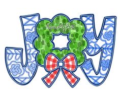 the word joy with a bow on it's front and back ends are decorated in blue, green, and red