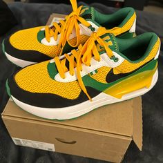 Men’s 7.5/Women’s 9 Nike Oregon Ducks Air Max New W/Box Green/White/Yellow/Black Nike Mustard Sneakers For Sports, Nike Yellow Running Shoes With Air Cushioning, Yellow Custom Sneakers With Air Max Cushioning, Yellow Custom Sneakers With Air Cushioning, Yellow Custom Sneakers With Air Cushioning And Round Toe, Mustard Nike Sneakers For Sports, Mustard Sports Sneakers With Boost Midsole, Mustard Sneakers With Boost Midsole For Sports, Yellow Lace-up Running Shoes For Streetwear