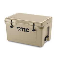 a tan cooler with the words rtic on it's side and black handles