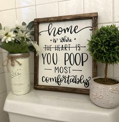 a white toilet sitting next to a potted plant on top of a wooden shelf