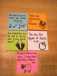 four post - it notes with words written on them and pictures of animals, birds, and music