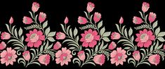 pink flowers on black background with green leaves and stems in the center, embroidery design