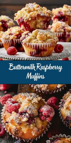 some raspberry muffins are stacked on top of each other with the words buttermilk raspberry muffins above them