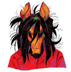 a drawing of a man with long hair and demon horns on his head, wearing a red shirt