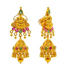 Bring a regal look to your traditional wear or other formal outfits with this stunning Goddess Laxmi Jewelry Set from Virani! The radiant emeralds and rubies embedded into this sacred 22k yellow gold temple design featuring a depiction of the Goddess Laxmi is just what a woman needs to show off her pride in her heritage while making a luxuriously bold statement.Features• 22K Yellow Gold.• Emeralds. • Rubies.Specifications• Minimum Necklace Width - 2 millimeters • Maximum Necklace Width - 47 mill Traditional Hallmarked 22k Gold Temple Necklace, Yellow Gold Chandbali Temple Necklace For Puja, Gold Plated Temple Jewelry Jhumkas For Puja, Traditional 22k Yellow Gold Temple Necklace, Yellow Gold Meenakari Temple Necklace For Festivals, Yellow Gold Temple Necklace With Meenakari For Festivals, Heavy 22k Yellow Gold Temple Necklace, Traditional 22k Gold Jhumkas For Puja, Yellow Gold Meenakari Temple Necklace For Navratri