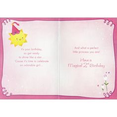 a pink birthday card with an image of a sun and stars on the inside of it