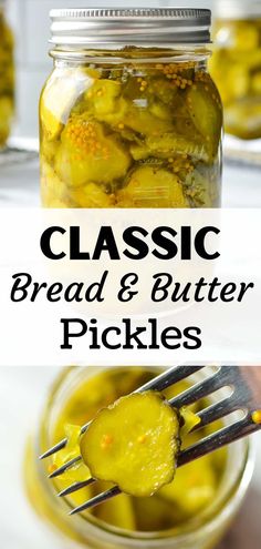 a jar filled with pickles sitting on top of a table next to a fork