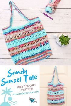 a crocheted beach tote bag next to a potted plant and yarn