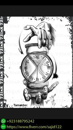 a black and white drawing of a hand holding a clock