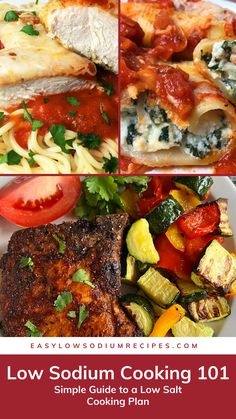 four different pictures of food including pasta, meat and veggies with the title low soum cooking 101