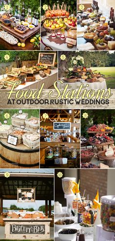 food stations at outdoor rustic wedding with pictures and text overlaying the entire page