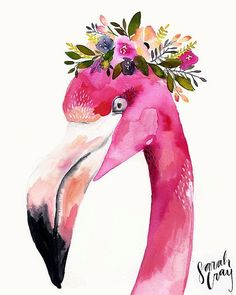 a watercolor painting of a pink flamingo with flowers on it's head