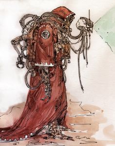 a drawing of a woman in a long red dress with an octopus attached to her back