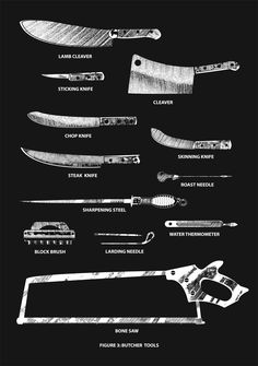 a red poster on a brick wall with knifes and knives in different shapes, sizes and colors