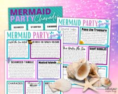 the mermaid party game board is shown with sea shells and starfishs on it