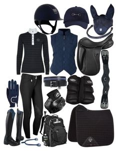 horse riding gear and accessories are arranged on a white background, including boots, gloves, saddles, hats, reins, pads, vests