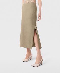 Mid-Rise Wool Midi Skirt-Beige-large Spring Formal Wool Skirt, Formal Wool Skirt For Spring, Formal Spring Wool Skirt, Elegant Wool Midi Skirt, Elegant Wool Pencil Skirt, Wool Midi Skirt, Tailored Skirt, Baby Boy Dress, Short Denim Skirt