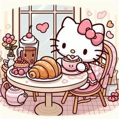 a hello kitty sitting at a table with coffee and croissants