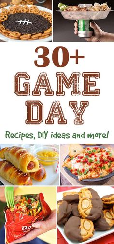 some food and drinks are shown with the words game day written on it in different languages