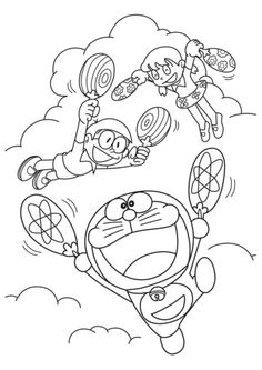 cartoon characters flying in the sky with clouds and clouds behind them, coloring pages for kids