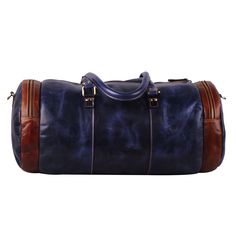 Trustpilot A buffalo leather travel duffel bag that is trendy, unique, and classy is a perfect match for your adventurous trips. For those who like to try something different than the usual browns, we introduce the designer blue buffalo leather duffel bag with brown detailing. The contrasting colors give it an eye-catchy look making it a unique piece of art. Salient Features Made from buffalo leather Color- Blue High-quality brass hardware and YKK zippers. Carry handle and adjustable shoulder st Blue Duffle Bag With Luggage Sleeve For Overnight Trips, Blue Leather Bag With Leather Trim, Blue Leather Bag For Trip, Navy Leather Bag With Luggage Sleeve, Blue Leather Travel Bag With Luggage Sleeve, Luxury Blue Leather Travel Bag, Blue Travel Bag With Leather Backing, Blue Leather Weekender Bag For Everyday Use, Blue Leather Travel Bag