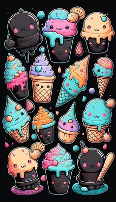 an assortment of cartoon ice creams on a black background