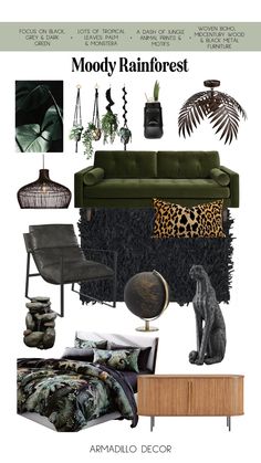 mood board with green furniture and decor