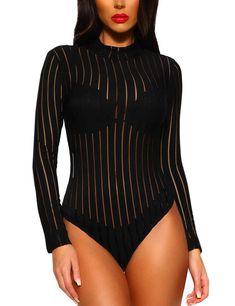 PRICES MAY VARY. MATERIAL: 95%Polyester+5%Spandex, Soft and Stretchy, very comfortable to wear FEATURE: Black long sleeve bodysuit, Turtleneck, Mock neck, Long sleeve, Sheer mesh bodice(Bra is not included), Stretchy, Bodycon fit, show your curvaceous silhouette, Geometric pattern add unexpected sexiness to your everyday look SIZE: S,M,L available, pls carefully check the left size (NOT AMAZON SIZE) for reference, thank you PAIR: Snap Crotch closure, Sexy one piece leotard, you can easily team w Full Bodysuit Outfit, Black Full Bodysuit, Bodysuit With Sleeves, Lace Leotard, Full Bodysuit, Pu Leggings, Mesh Turtleneck, Body Noir, Black Bodysuit Longsleeve