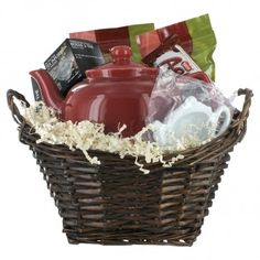 a basket filled with tea and other items