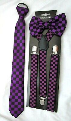 PURPLE&BLACK CHECKER BOW TIE,PRE-TIED TIE+1" ROW PURPLE CHECKERS SUSPENDERS-NEW | eBay Fitted Purple Suit And Tie Accessories For Party, Transmasc Clothes, Cybergoth Purple, Scenecore Clothes, Rainbowcore Fashion, Emo Scene Aesthetic, Clowncore Outfit, Purple Clothing, Silly Clothes